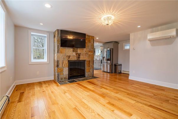 Empty room, Fireplace, Interior, Recessed Lighting, Wood Texture Flooring