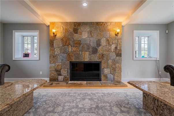 Fireplace, Interior, Recessed Lighting, Stone Walls