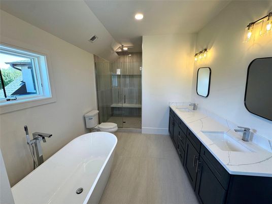 Bathroom, Dual Sink Vanities, Free Standing Baths, Glass Shower, Interior, Recessed Lighting