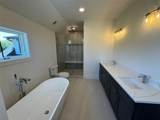Bathroom, Dual Sink Vanities, Free Standing Baths, Glass Shower, Interior, Recessed Lighting