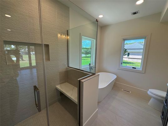 Bathroom, Free Standing Baths, Glass Shower, Interior, Recessed Lighting