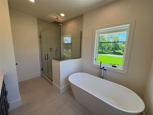 Bathroom, Free Standing Baths, Glass Shower, Interior, Recessed Lighting