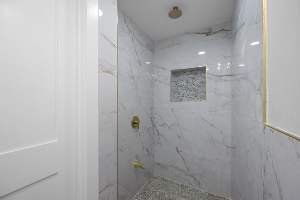 Bathroom, Glass Shower, Interior, Marble Walls, Recessed Lighting