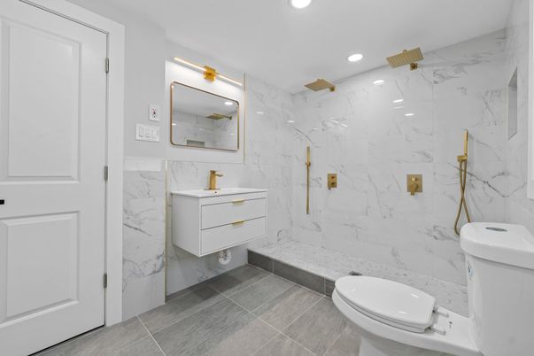 Bathroom, Glass Shower, Interior, Marble Walls, Recessed Lighting