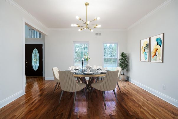 Dining room, Interior, Pendant Lights, Wood Texture Flooring