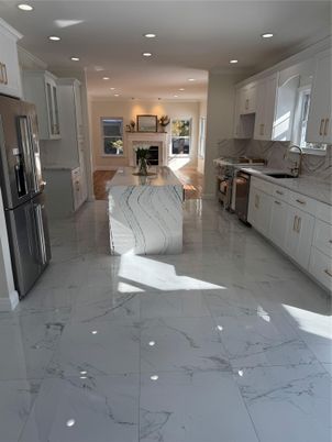 Fireplace, Interior, Kitchen, Marble, Recessed Lighting, Stainless Steel Appliances