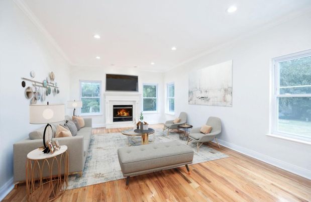 Fireplace, Interior, Living room, Recessed Lighting, Wood Texture Flooring