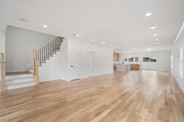 Empty room, Interior, Kitchen, Recessed Lighting, Wood Texture Flooring