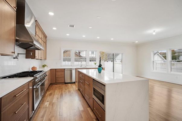Interior, Kitchen, Recessed Lighting, Stainless Steel Appliances, Wood Texture Flooring