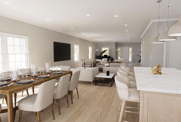Dining room, Interior, Living room, Pendant Lights, Recessed Lighting, Wood Texture Flooring