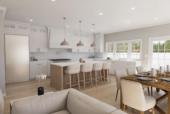 Dining room, Interior, Kitchen, Pendant Lights, Recessed Lighting, Wood Texture Flooring