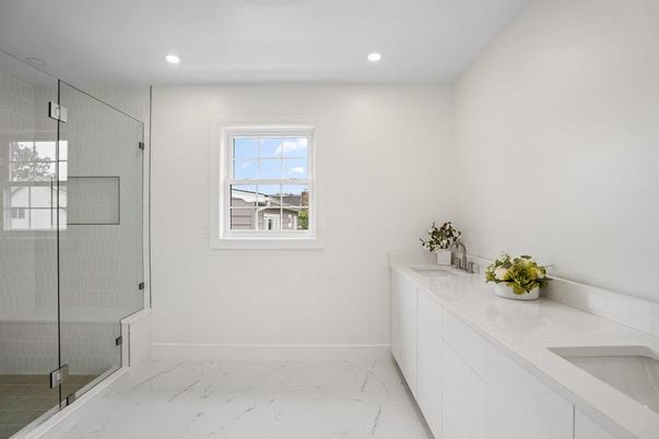 Bathroom, Dual Sink Vanities, Glass Shower, Interior, Marble, Recessed Lighting
