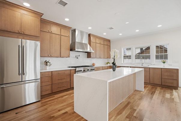 Interior, Kitchen, Recessed Lighting, Stainless Steel Appliances, Wood Texture Flooring