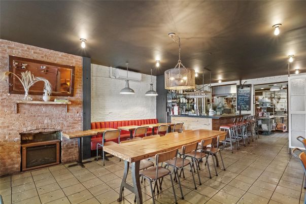 Dining room, Fireplace, Interior, Pendant Lights, Stone Walls