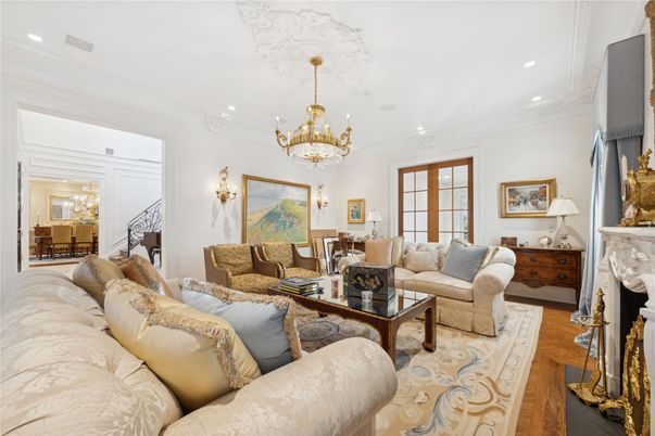 Chandelier, Dining room, Fireplace, Interior, Living room, Piano, Recessed Lighting, Wood Texture Flooring