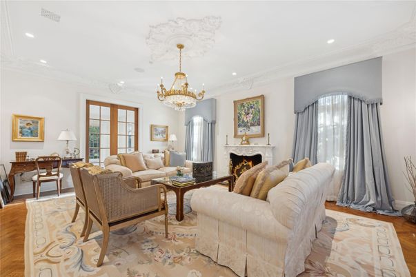 Chandelier, Fireplace, Interior, Living room, Recessed Lighting, Wood Texture Flooring
