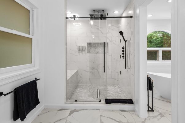 Bathroom, Glass Shower, Interior, Marble, Marble Walls, Recessed Lighting