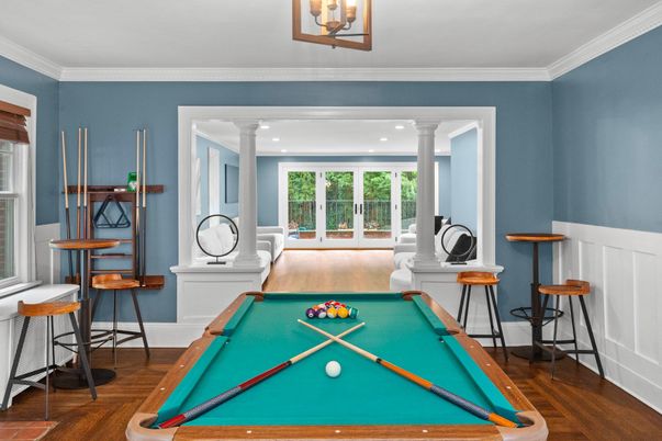 Billiard Table, Game Room, Interior, Recessed Lighting, Wood Texture Flooring