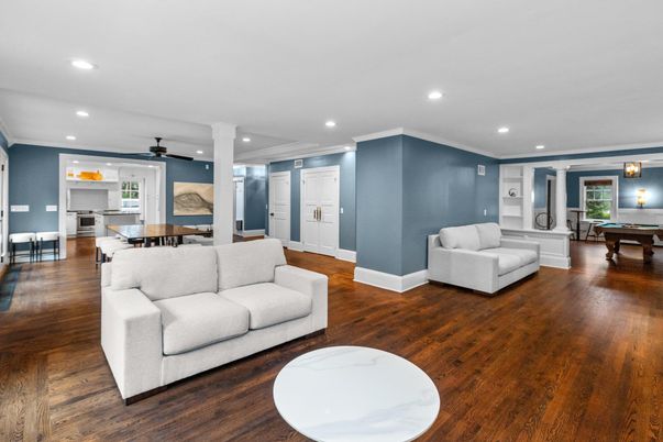Billiard Table, Dining room, Game Room, Interior, Living room, Recessed Lighting, Wood Texture Flooring