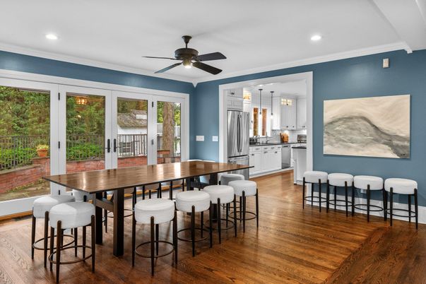 Dining room, Interior, Kitchen, Pendant Lights, Recessed Lighting, Wood Texture Flooring