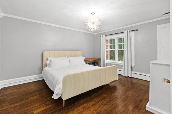 Bedroom, Chandelier, Interior, Wood Texture Flooring