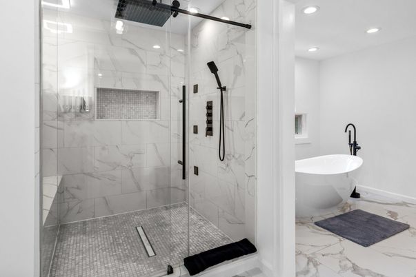 Bathroom, Glass Shower, Interior, Marble, Marble Walls, Recessed Lighting