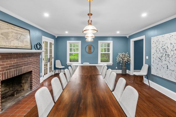 Dining room, Fireplace, Interior, Pendant Lights, Recessed Lighting, Wood Texture Flooring