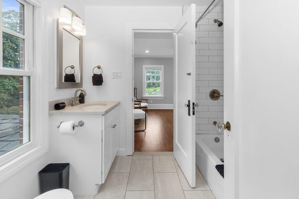 Bathroom, Interior, Recessed Lighting, Wood Texture Flooring