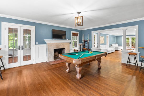 Billiard Table, Fireplace, Game Room, Interior, Pendant Lights, Recessed Lighting, Wood Texture Flooring