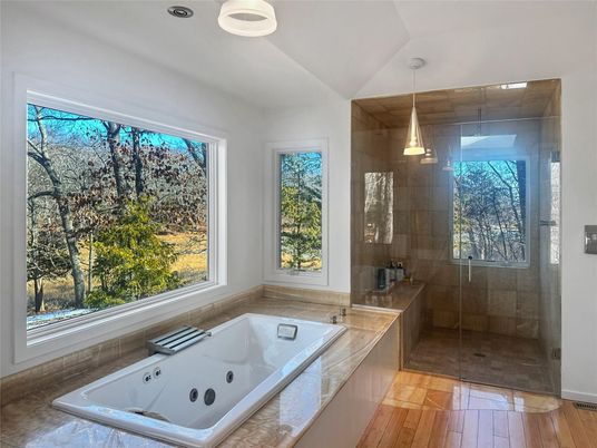 Bathroom, Glass Shower, Interior, Pendant Lights, Wood Texture Flooring