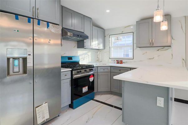 Interior, Kitchen, Marble, Pendant Lights, Recessed Lighting, Stainless Steel Appliances