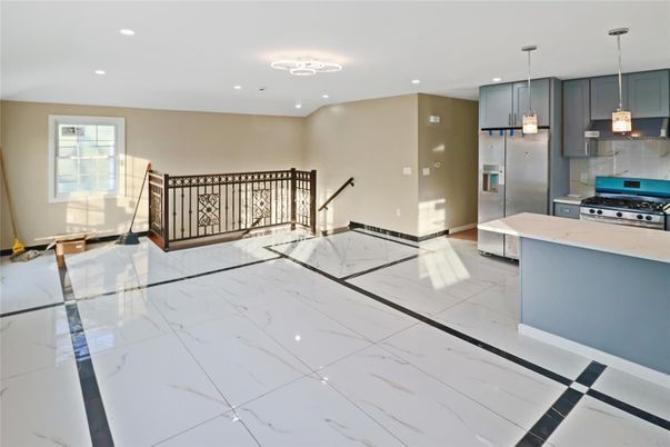 Interior, Kitchen, Marble, Pendant Lights, Recessed Lighting, Stainless Steel Appliances