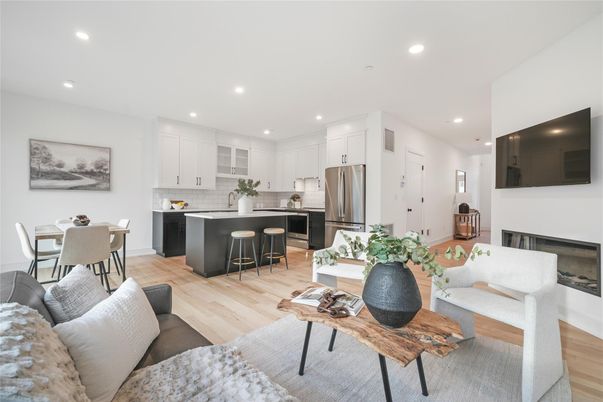 Dining room, Interior, Kitchen, Living room, Recessed Lighting, Stainless Steel Appliances, Wood Texture Flooring