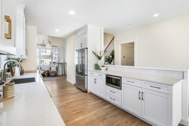 Interior, Kitchen, Pendant Lights, Recessed Lighting, Stainless Steel Appliances, Wood Texture Flooring