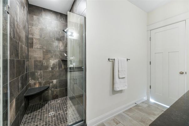 Bathroom, Glass Shower, Interior, Wood Texture Flooring