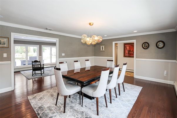 Dining room, Interior, Pendant Lights, Recessed Lighting, Wood Texture Flooring