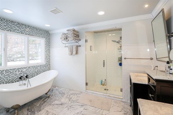 Bathroom, Free Standing Baths, Glass Shower, Interior, Marble, Recessed Lighting