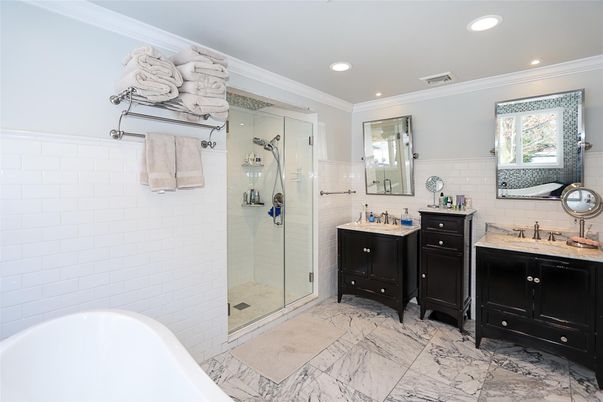 Bathroom, Dual Sink Vanities, Free Standing Baths, Glass Shower, Interior, Marble, Recessed Lighting