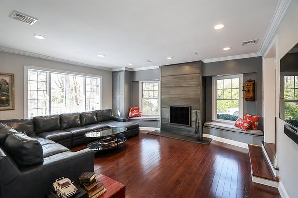 Fireplace, Interior, Living room, Recessed Lighting, Wood Texture Flooring