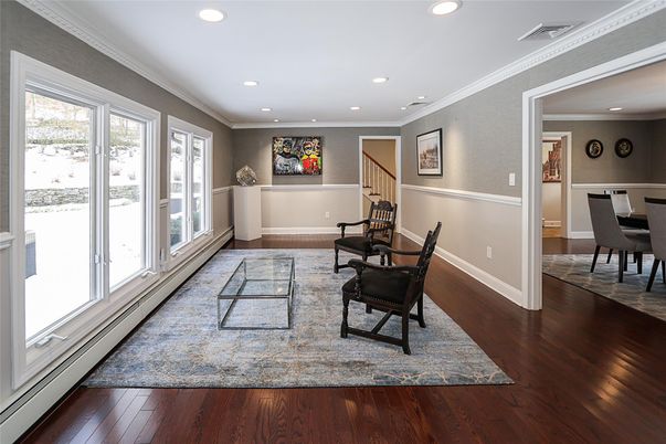 Dining room, Interior, Recessed Lighting, Wood Texture Flooring