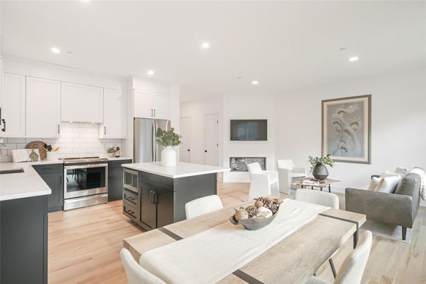 Dining room, Interior, Kitchen, Recessed Lighting, Stainless Steel Appliances, Wood Texture Flooring