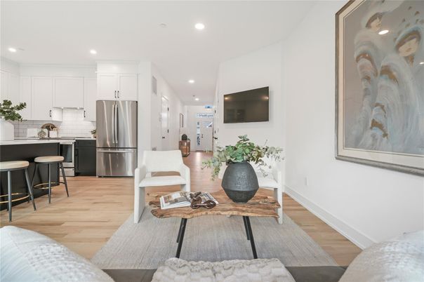 Interior, Kitchen, Living room, Recessed Lighting, Stainless Steel Appliances, Wood Texture Flooring
