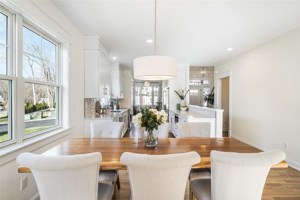 Dining room, Interior, Kitchen, Pendant Lights, Recessed Lighting, Wood Texture Flooring