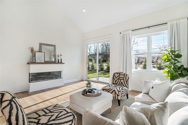 Fireplace, Interior, Living room, Recessed Lighting, Wood Texture Flooring