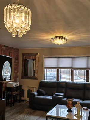 Chandelier, Interior, Living room, Stone Walls, Wood Texture Flooring