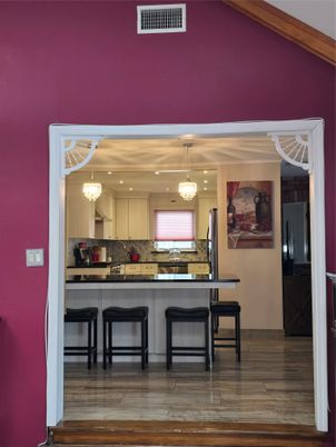 Chandelier, Interior, Kitchen, Recessed Lighting, Wood Texture Flooring