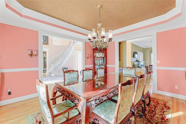 Chandelier, Dining room, Interior, Wood Texture Flooring