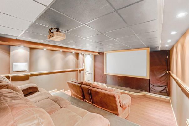 Interior, Projection Screen, Recessed Lighting, Theatre Room, Wood Texture Flooring