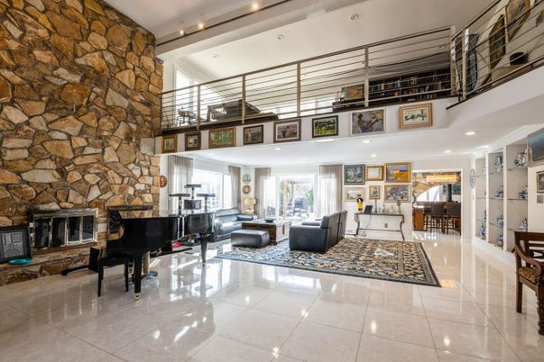 Fireplace, Interior, Living room, Piano, Recessed Lighting, Stone Walls