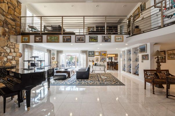 Fireplace, Interior, Piano, Recessed Lighting, Stone Walls